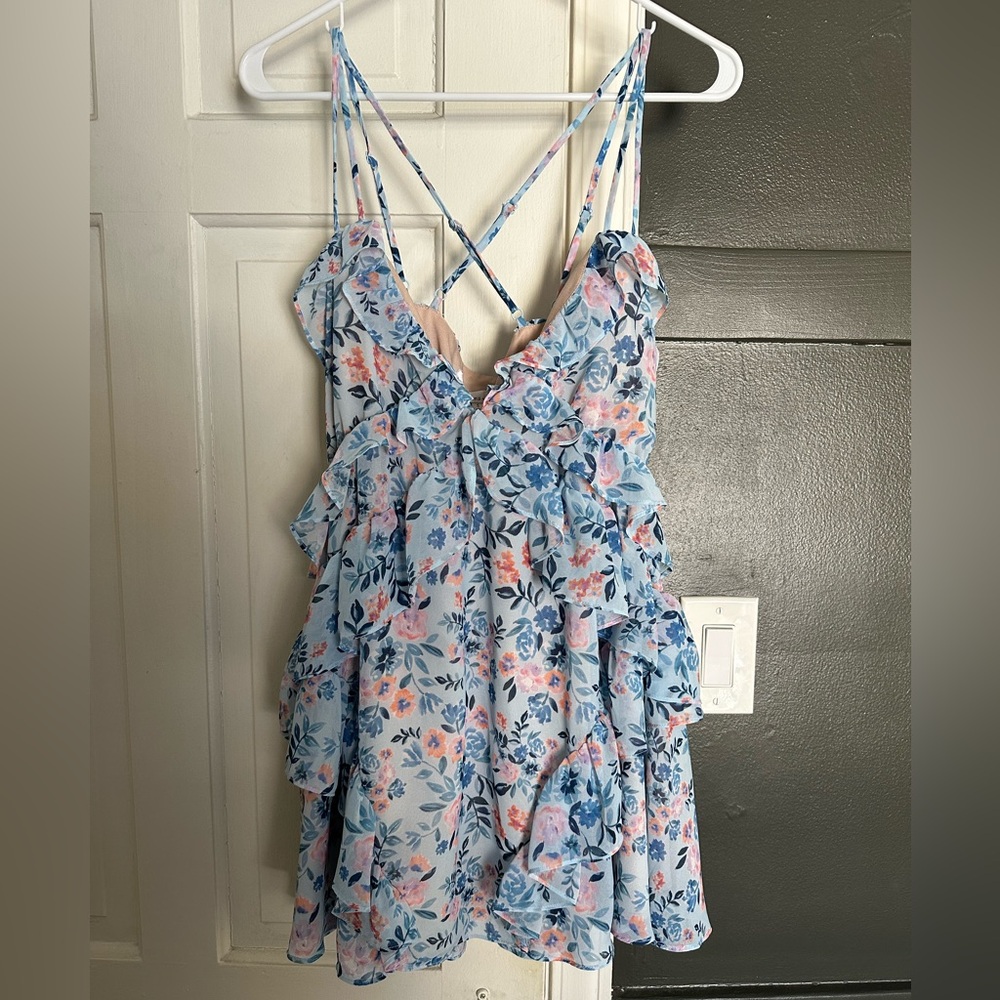 Revolve Lovers and Friends Rae Blue Mini Dress Meadow Floral Vacation Size Small - Picture 4 of 10
